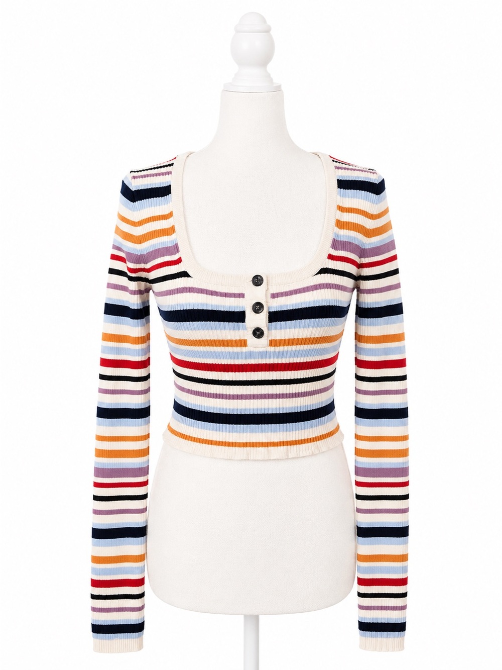 American Eagle Ribbed Striped Crop Sweater Top Women’s M Long Sleeve Henley